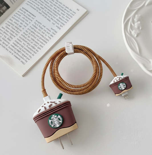 Iphone Charger Case Cover - Starbucks Cappuccino Lover - 4 Piece Set (With Wire Protector)
